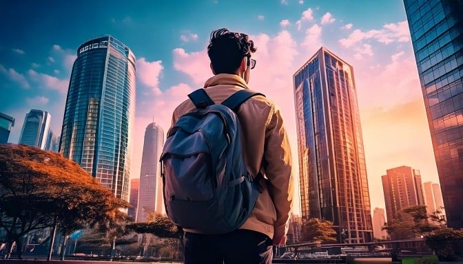 Firefly Un millenial, con un backpack y su laptop de espaldas y en primer plano viendo un gran edifi